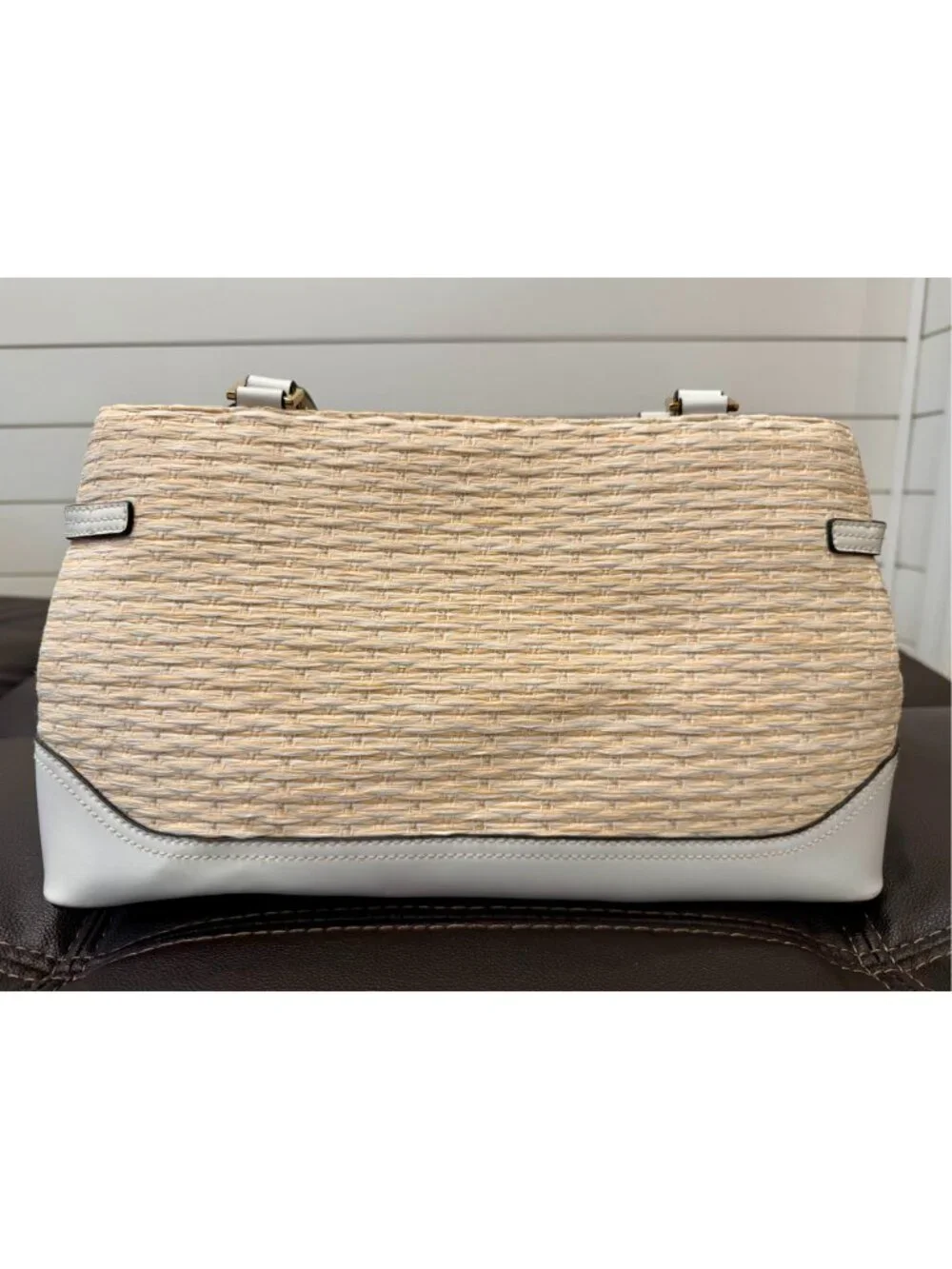 Etienne Aigner Woven Straw Shoulder Bag White Tan Gold Paisley 3690